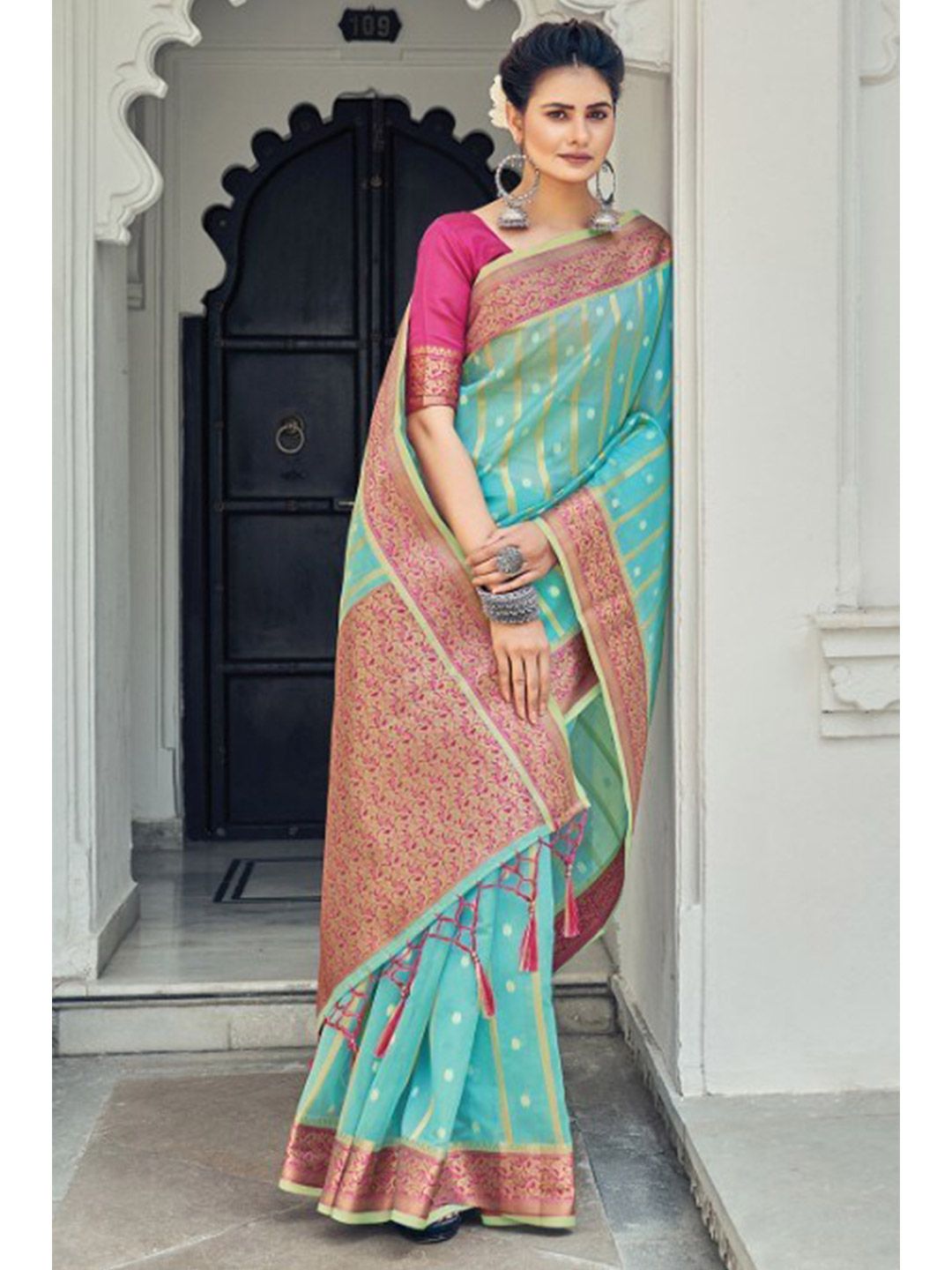 KARAGIRI Blue & Gold-Toned Woven Design Zari Organza Saree Price in India