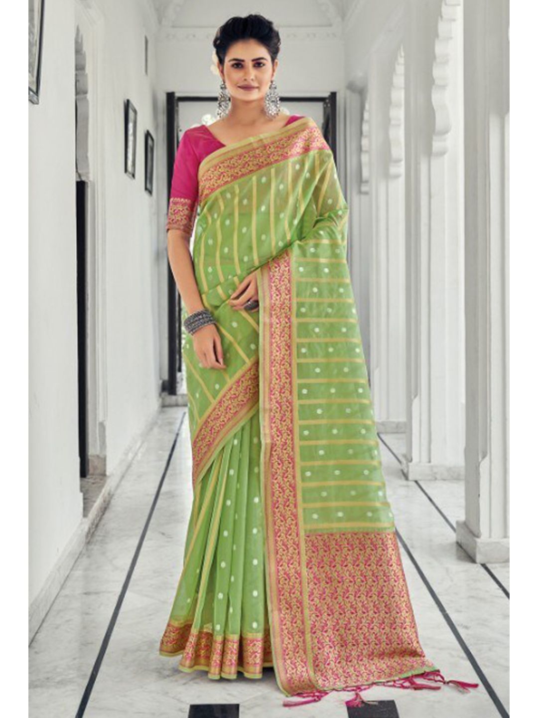 KARAGIRI Green & Pink Woven Design Zari Organza Saree Price in India