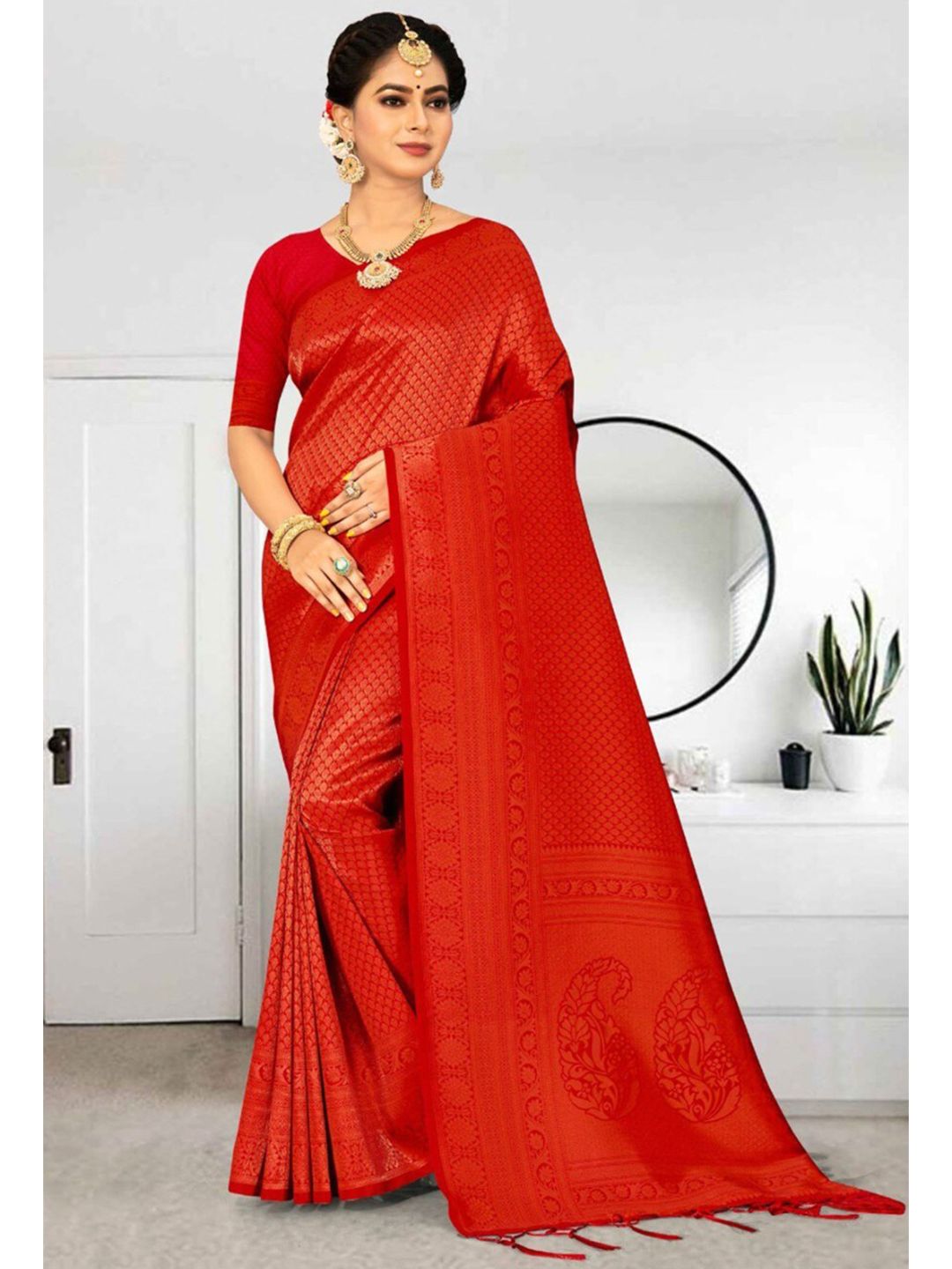 KARAGIRI Red & Gold-Toned Woven Design Zari Silk Blend Kanjeevaram Saree Price in India