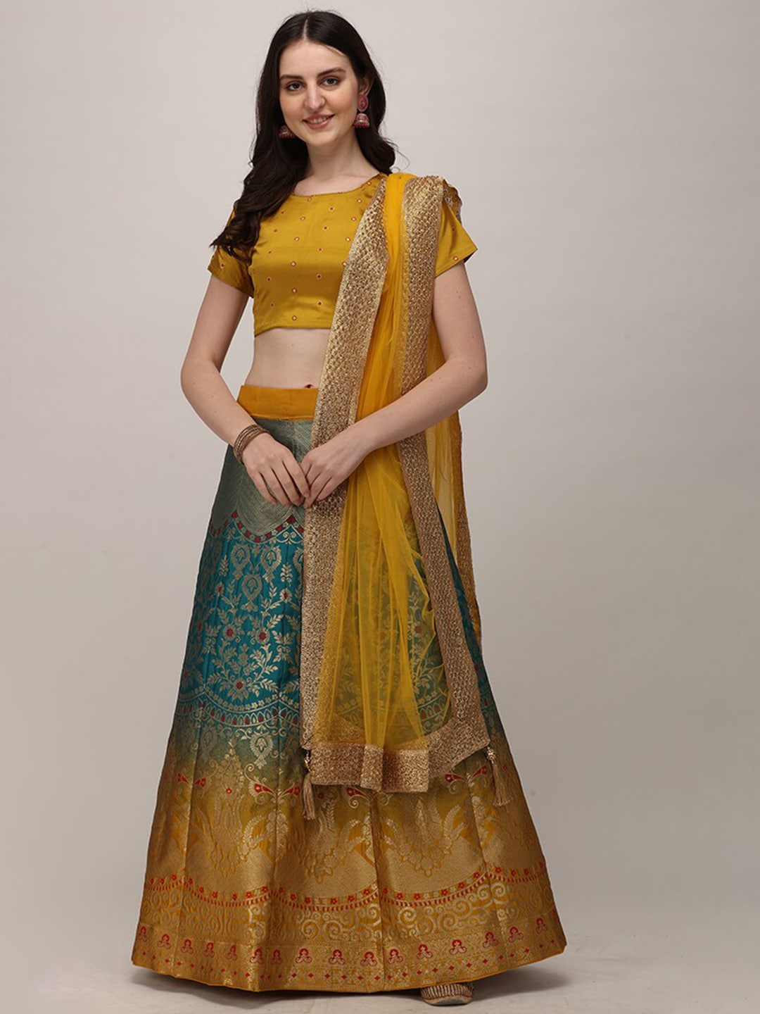DEETYA ARTS Yellow & Gold-Toned Semi-Stitched Lehenga & Unstitched Blouse With Dupatta Price in India