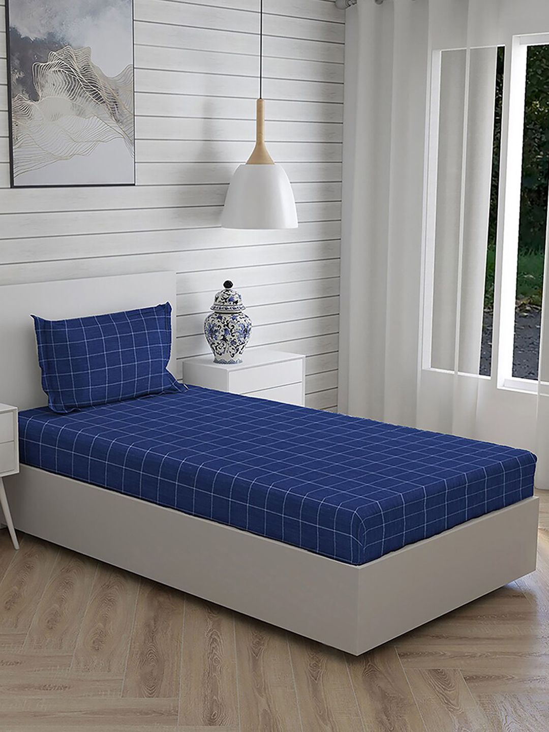 Boutique Living India Blue Striped 144 TC Cotton Single Bedsheet with 1 Pillow Covers Price in India