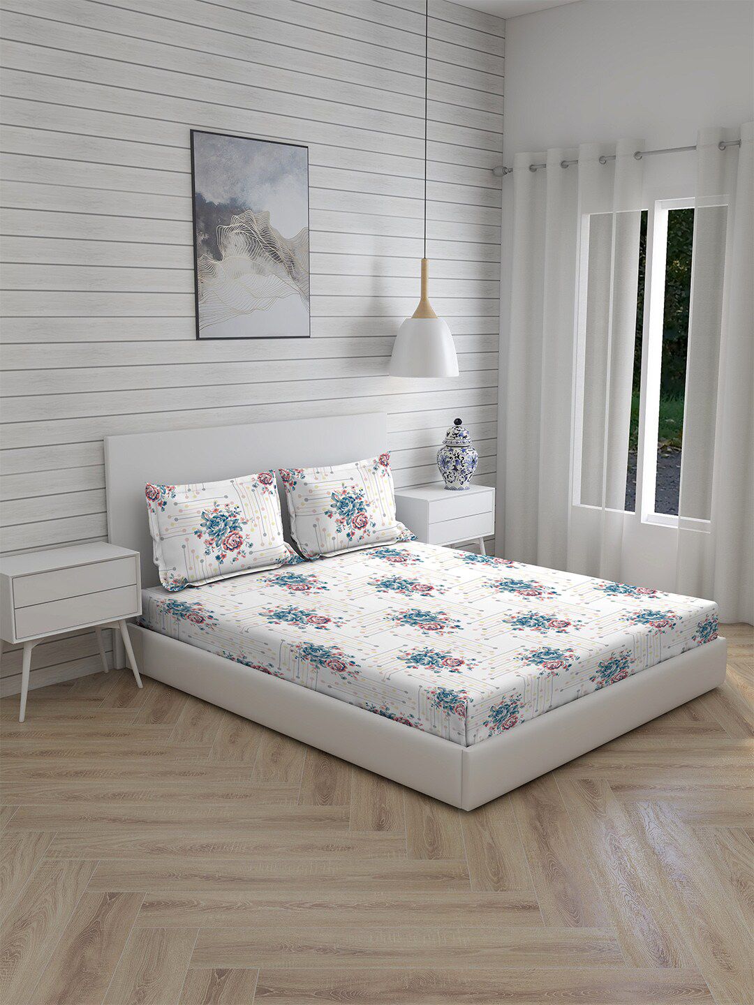 Boutique Living India Blue & Red Floral 230 TC Cotton King Bedsheet with 2 Pillow Covers Price in India