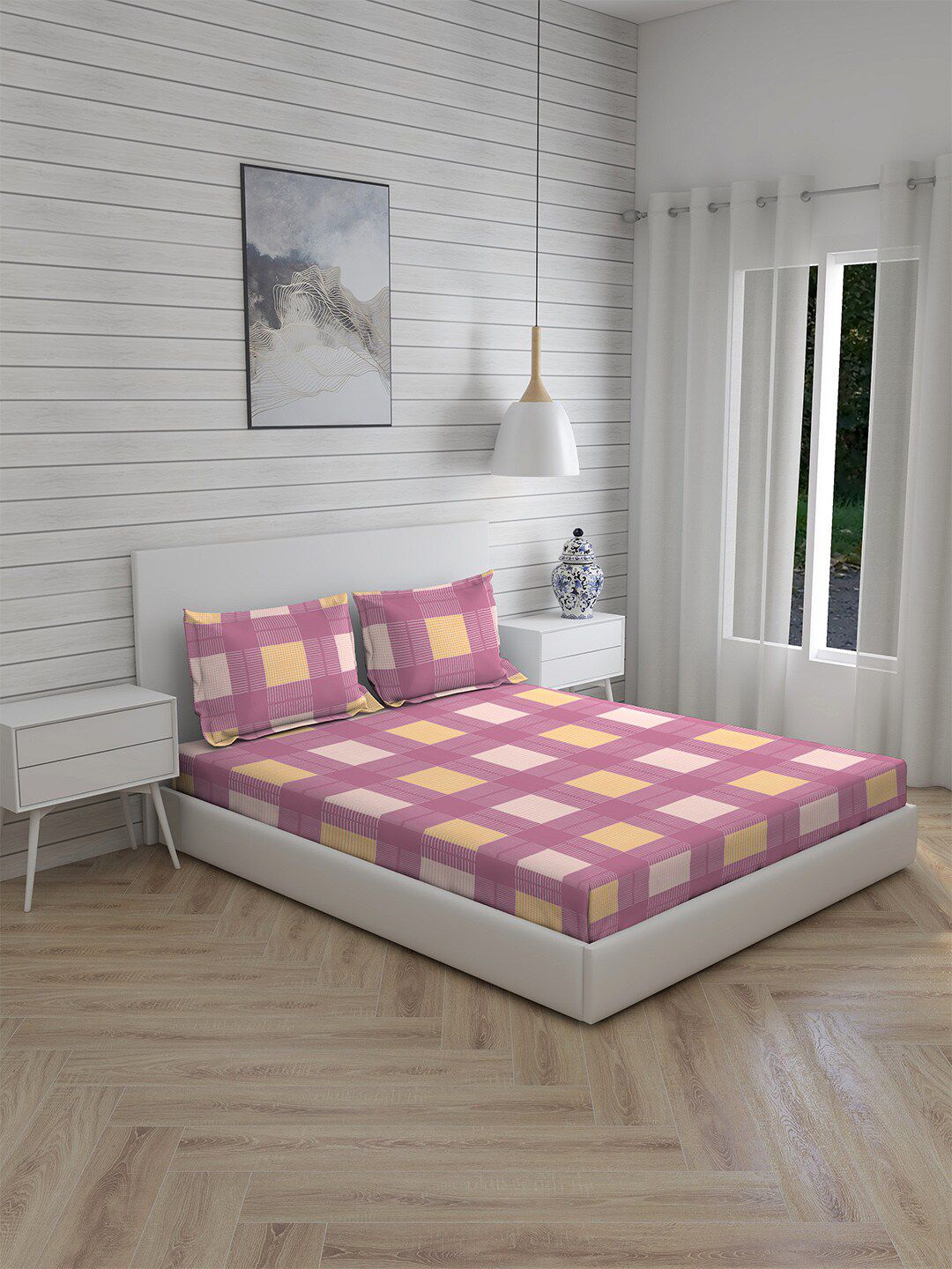 Boutique Living India Pink & Yellow 225 TC Cotton King Bedsheet with 2 Pillow Covers Price in India