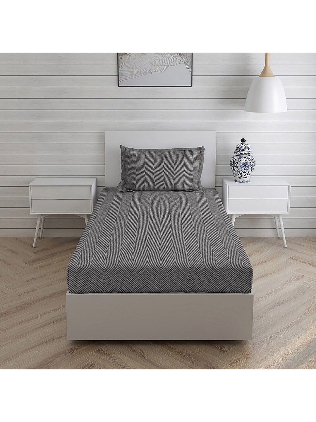 Boutique Living India Grey Geometric 144 TC Single Cotton Bedsheet with 1 Pillow Covers Price in India