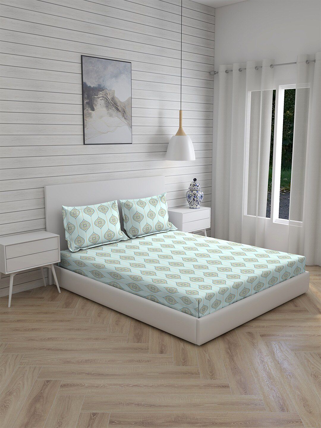 Boutique Living India Grey & Blue 225 TC Cotton King Bedsheet with 2 Pillow Covers Price in India