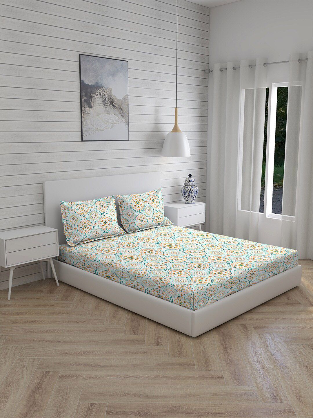 Boutique Living India Teal & White Floral King Bedsheet with 2 Pillow Covers Price in India