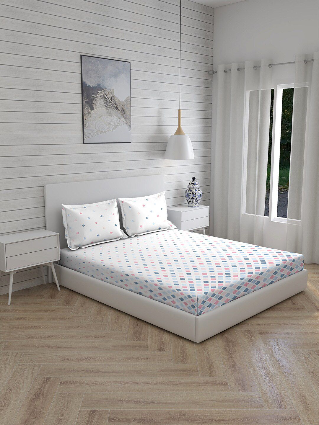 Boutique Living India Blue & Off White 225 TC Cotton King Bedsheet with 2 Pillow Covers Price in India