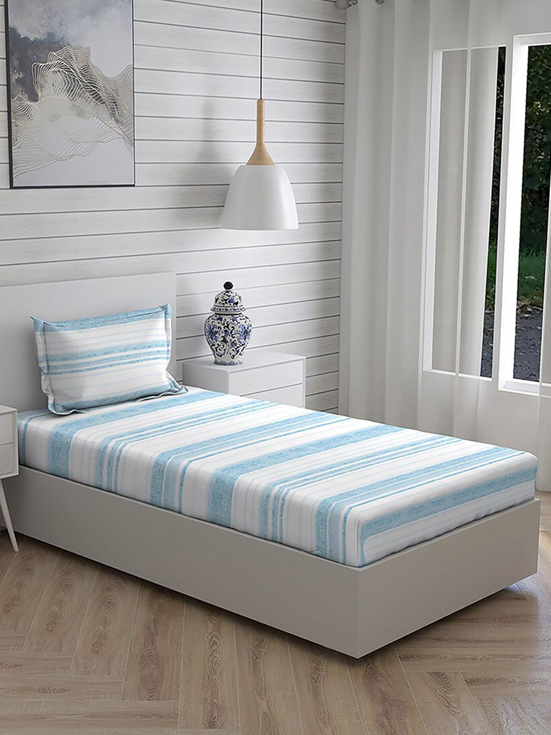 Boutique Living India Blue & White Striped 144 TC Single Bedsheet with 1 Pillow Covers Price in India