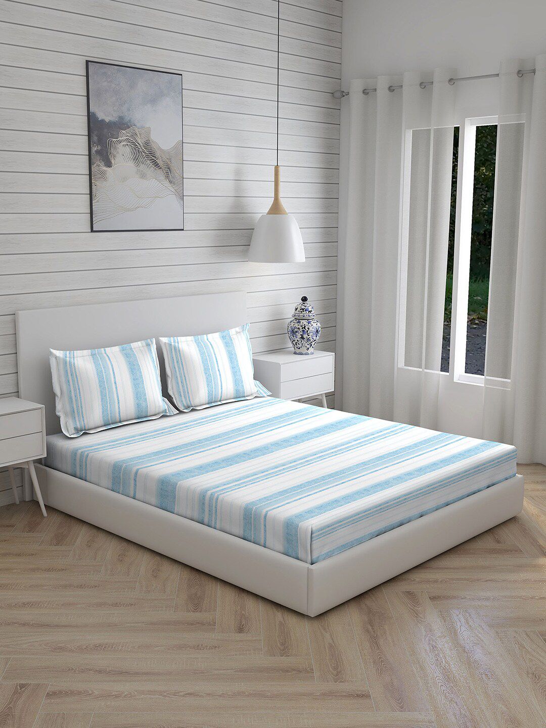 Boutique Living India Blue & Off White Striped 144 TC King Bedsheet with 2 Pillow Covers Price in India