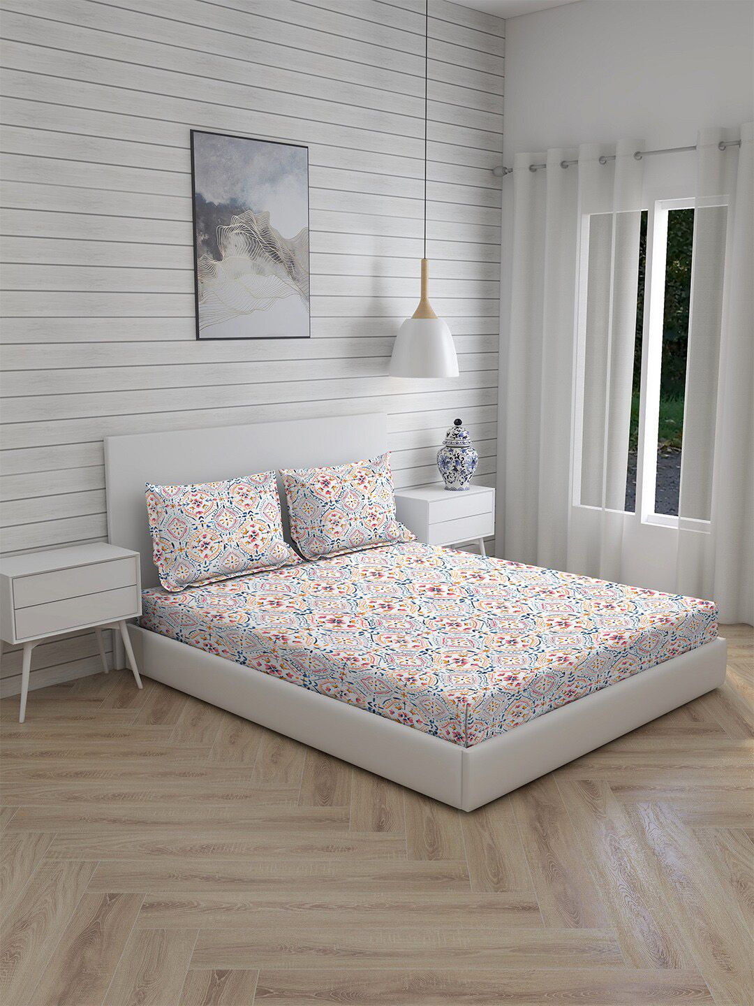 Boutique Living India White & Blue Ethnic Motifs King 230 TC Bedsheet with 2 Pillow Covers Price in India