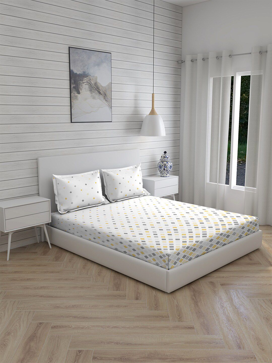 Boutique Living India White & Grey Geometric King 230 TC Bedsheet with 2 Pillow Covers Price in India