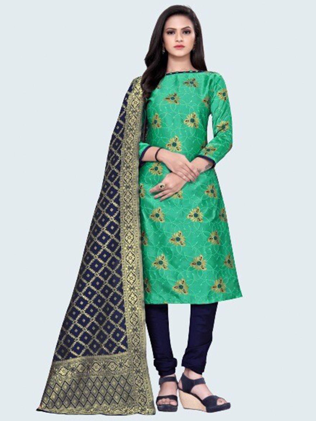 MORLY Green & Gold-Toned Woven Design Dupion Silk Unstitched Dress Material Price in India