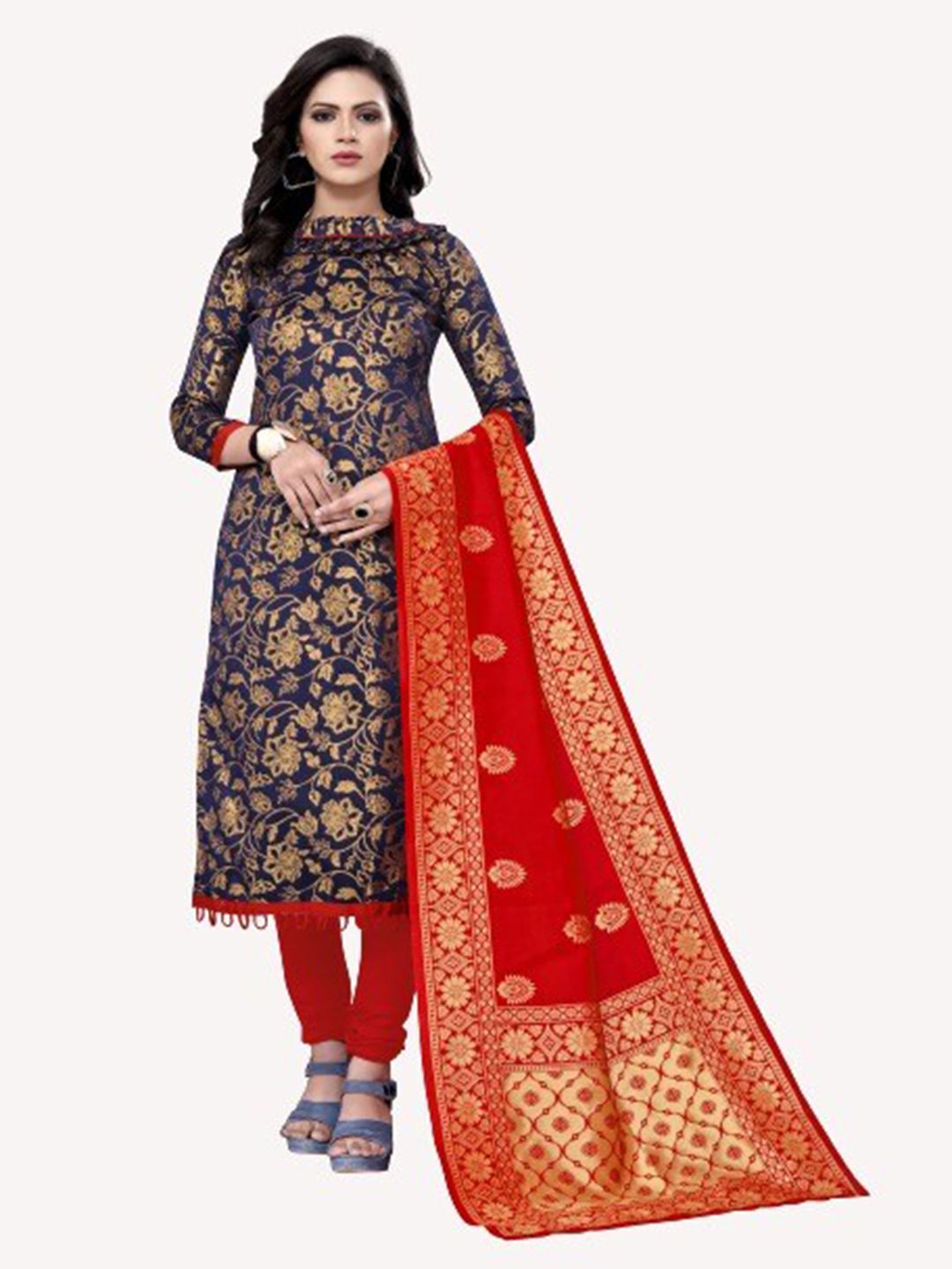 MORLY Blue & Red Woven Design Dupion Silk Unstitched Dress Material Price in India