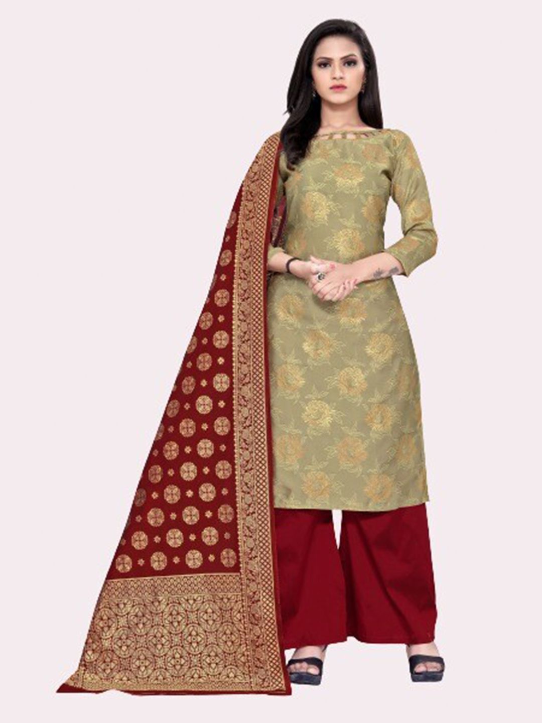 MORLY Beige & Maroon Woven Design Dupion Silk Unstitched Dress Material Price in India