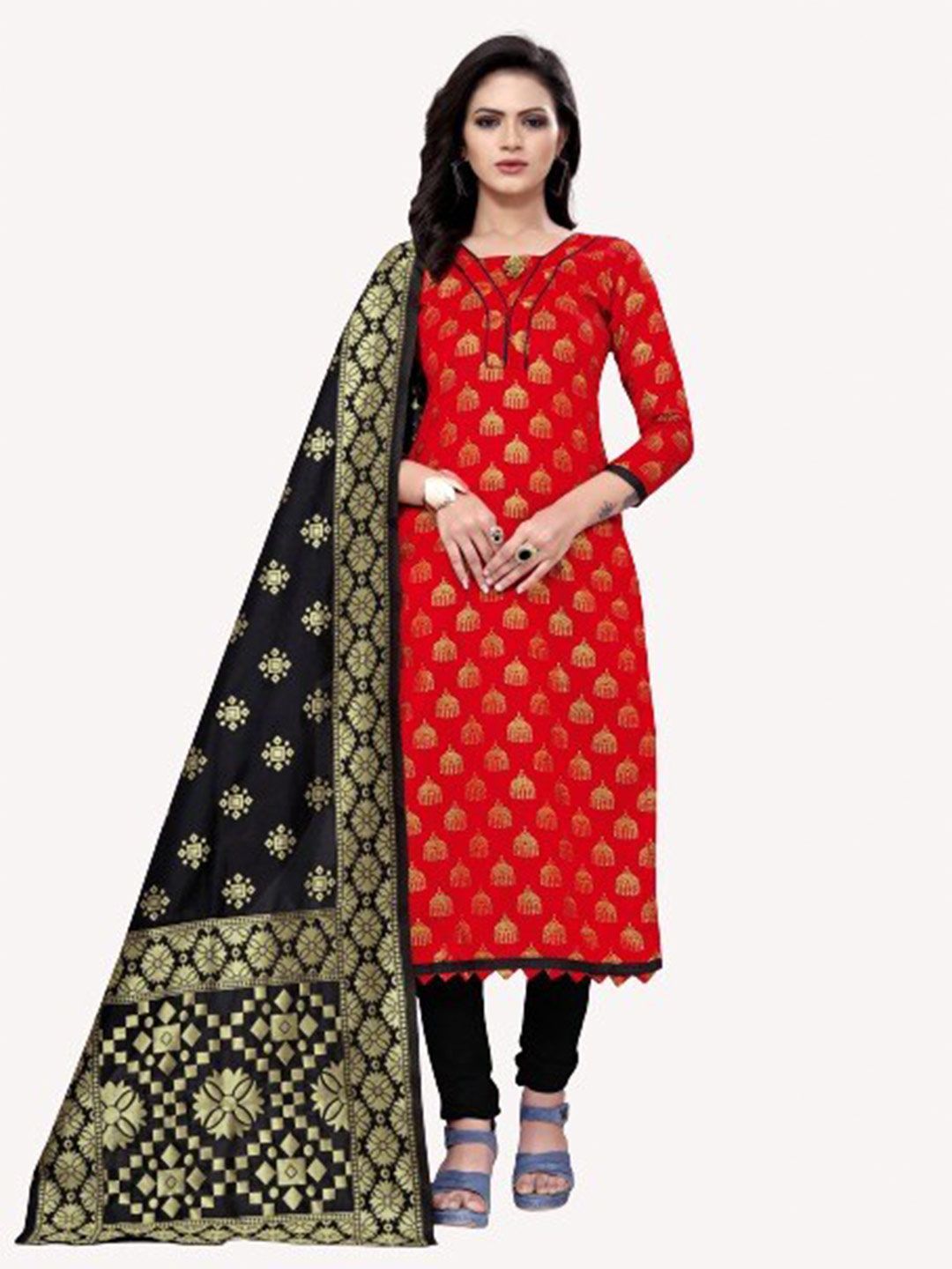 MORLY Red & Black Woven Design Dupion Silk Unstitched Dress Material Price in India