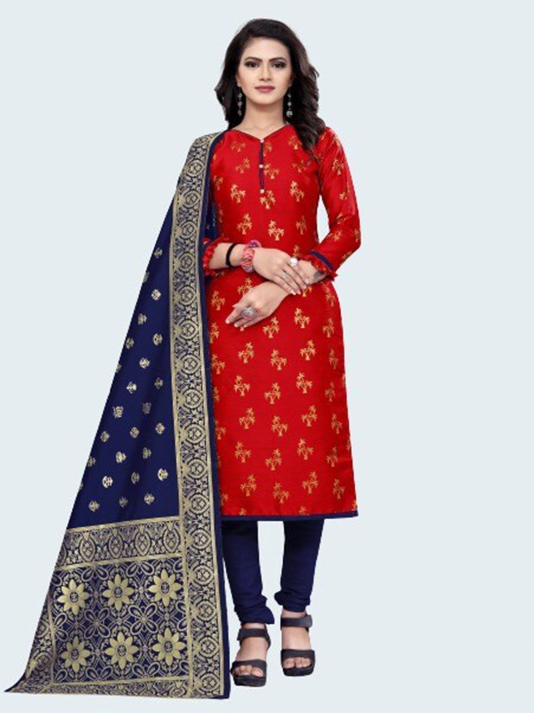 MORLY Red & Blue Woven Design Dupion Silk Unstitched Dress Material Price in India