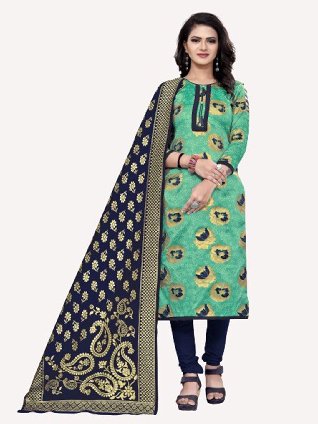 MORLY Sea Green & Blue Woven Design Dupion Silk Unstitched Dress Material Price in India
