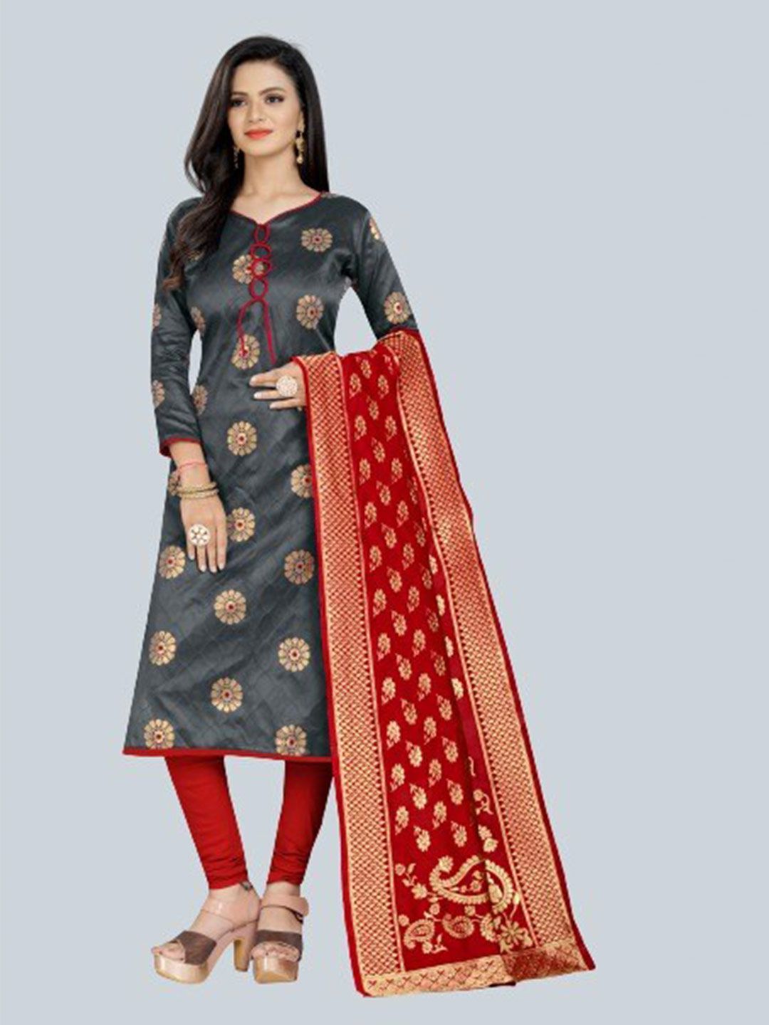 MORLY Grey Dupion Silk Woven Design Unstitched Dress Material Price in India