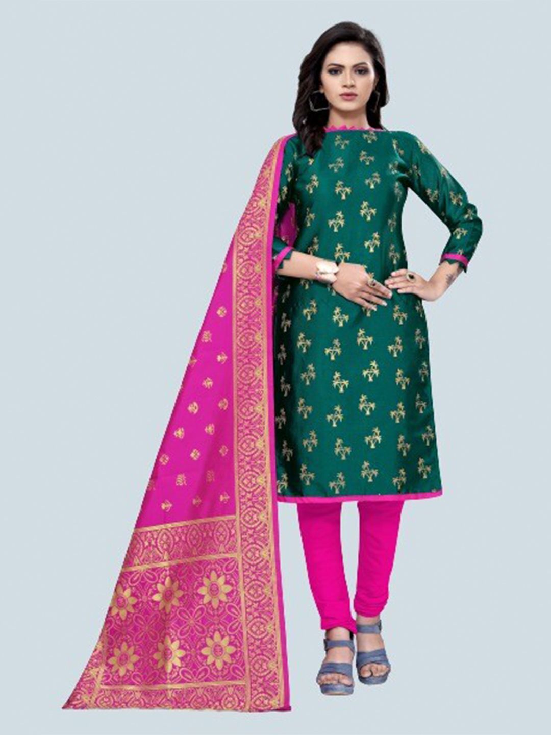 MORLY Green & Pink Dupion Silk Woven Design Unstitched Dress Material Price in India