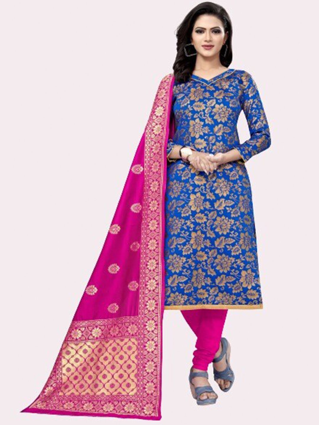 MORLY Blue & Pink Dupion Silk Woven Design Unstitched Dress Material Price in India