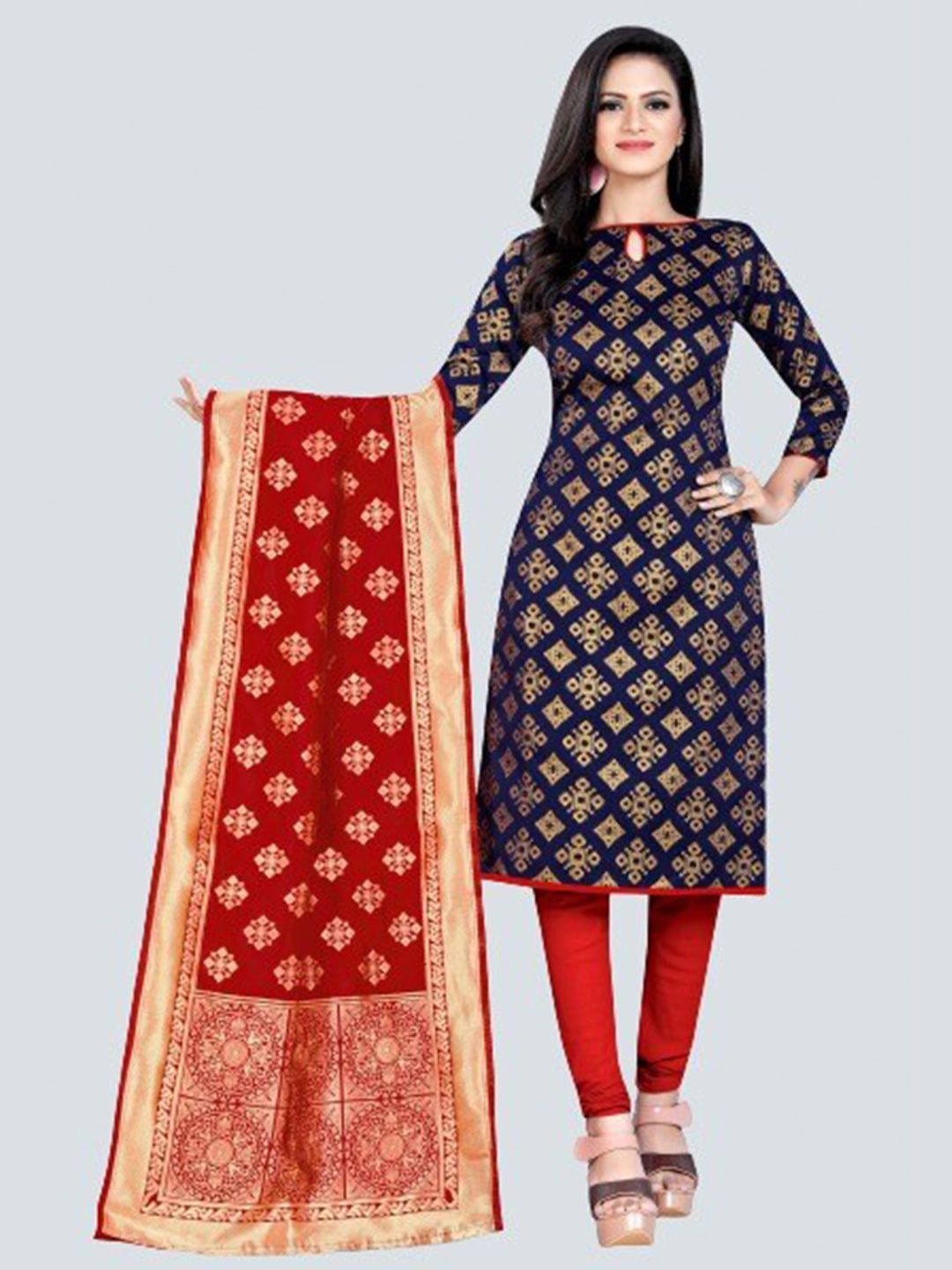 MORLY Blue & Red Dupion Silk Woven Design Unstitched Dress Material Price in India