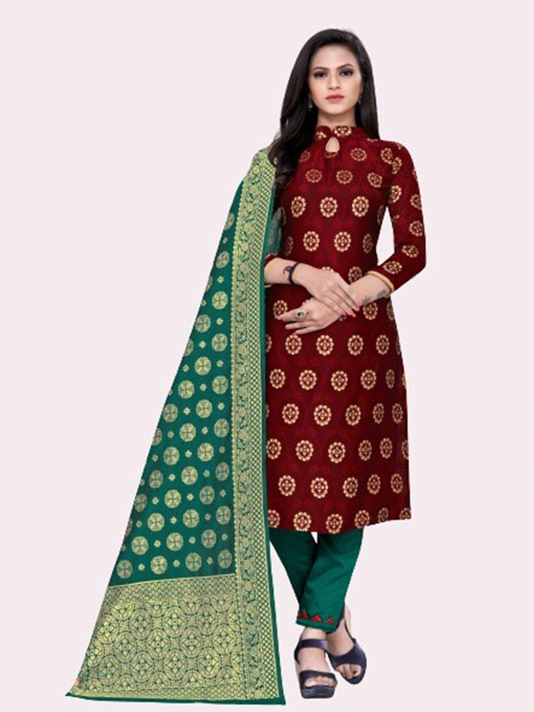 MORLY Maroon & Green Dupion Silk Woven Design Unstitched Dress Material Price in India