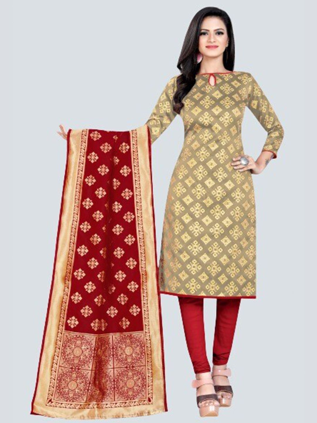 MORLY Beige & Red Dupion Silk Woven Design Unstitched Dress Material Price in India