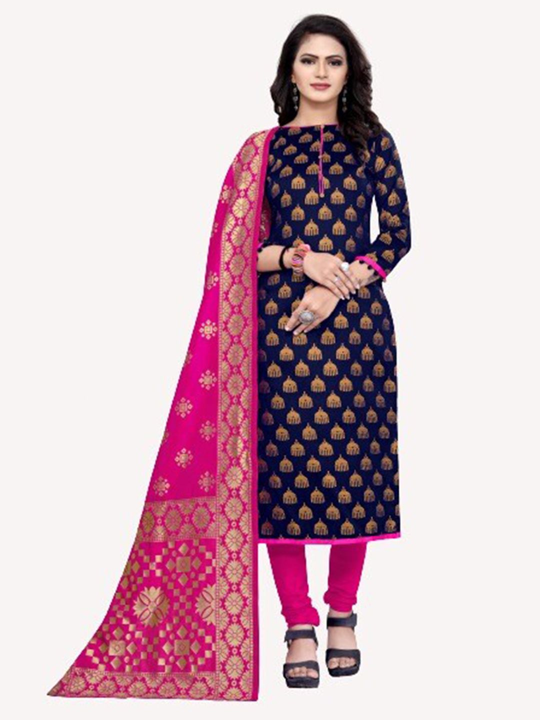 MORLY Blue & Pink Dupion Silk Woven Design Unstitched Dress Material Price in India