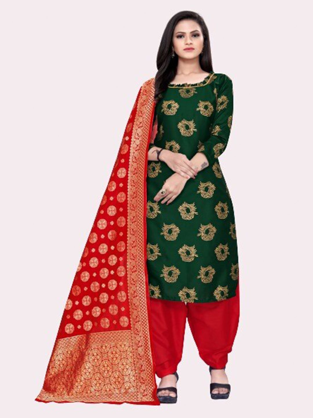 MORLY Green & Red Dupion Silk Woven Design Unstitched Dress Material Price in India