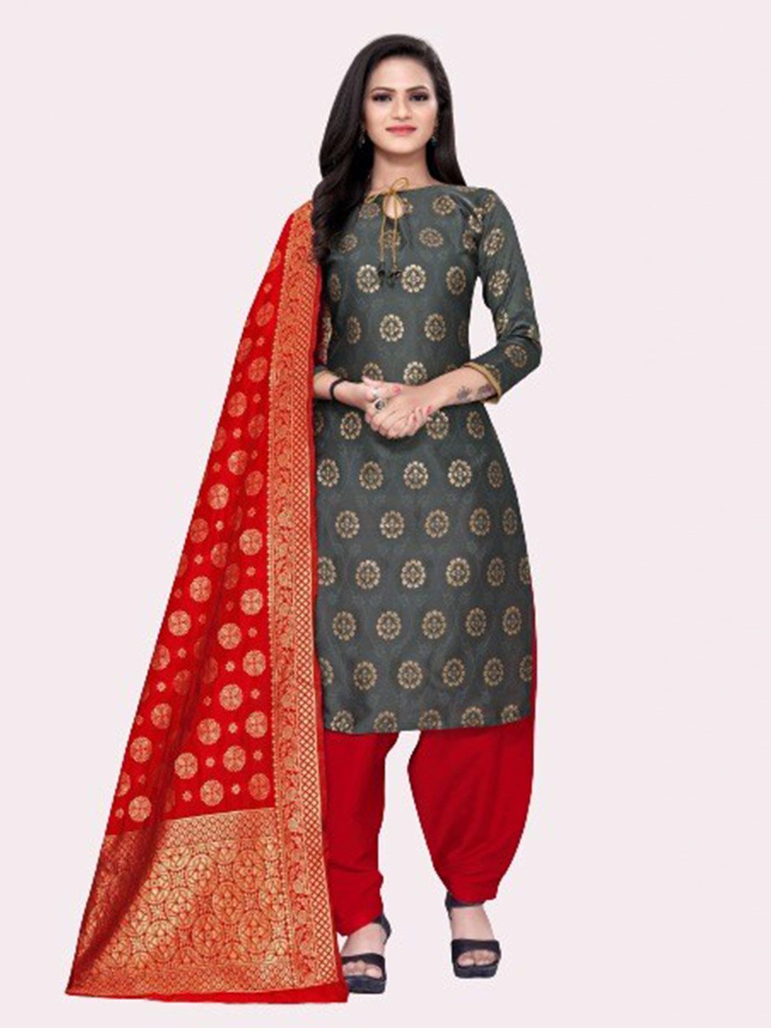 MORLY Grey Dupion Silk Woven Design Unstitched Dress Material Price in India