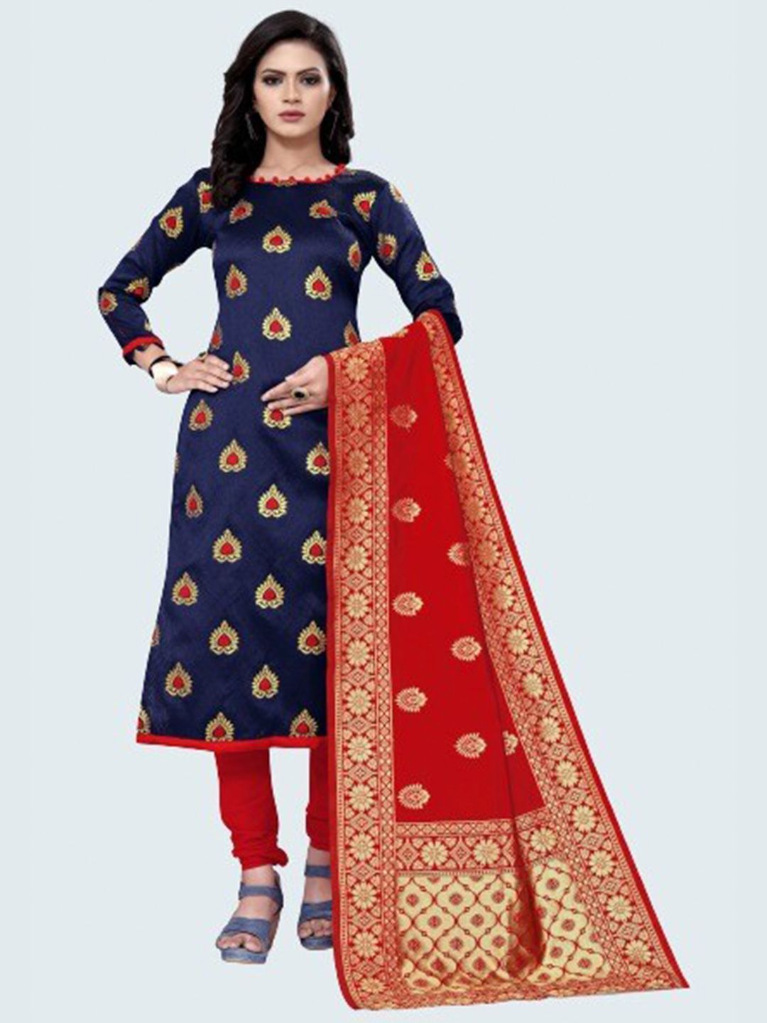 MORLY Blue & Red Dupion Silk Woven Design Unstitched Dress Material Price in India