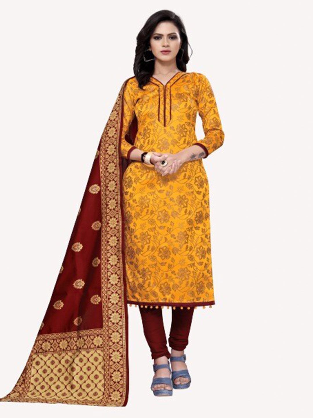 MORLY Yellow & Maroon Woven Design Dupion Silk Unstitched Dress Material Price in India