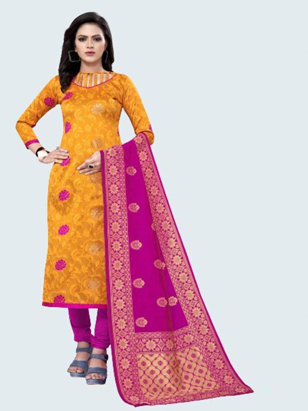 MORLY Yellow & Pink Woven Design Dupion Silk Unstitched Dress Material Price in India