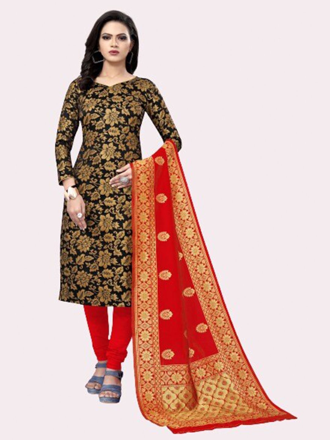 MORLY Black & Red Woven Design Dupion Silk Unstitched Dress Material Price in India