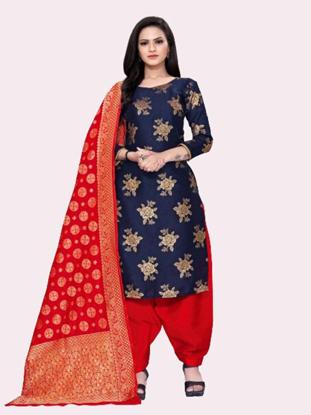 MORLY Blue & Red Woven Design Dupion Silk Unstitched Dress Material Price in India