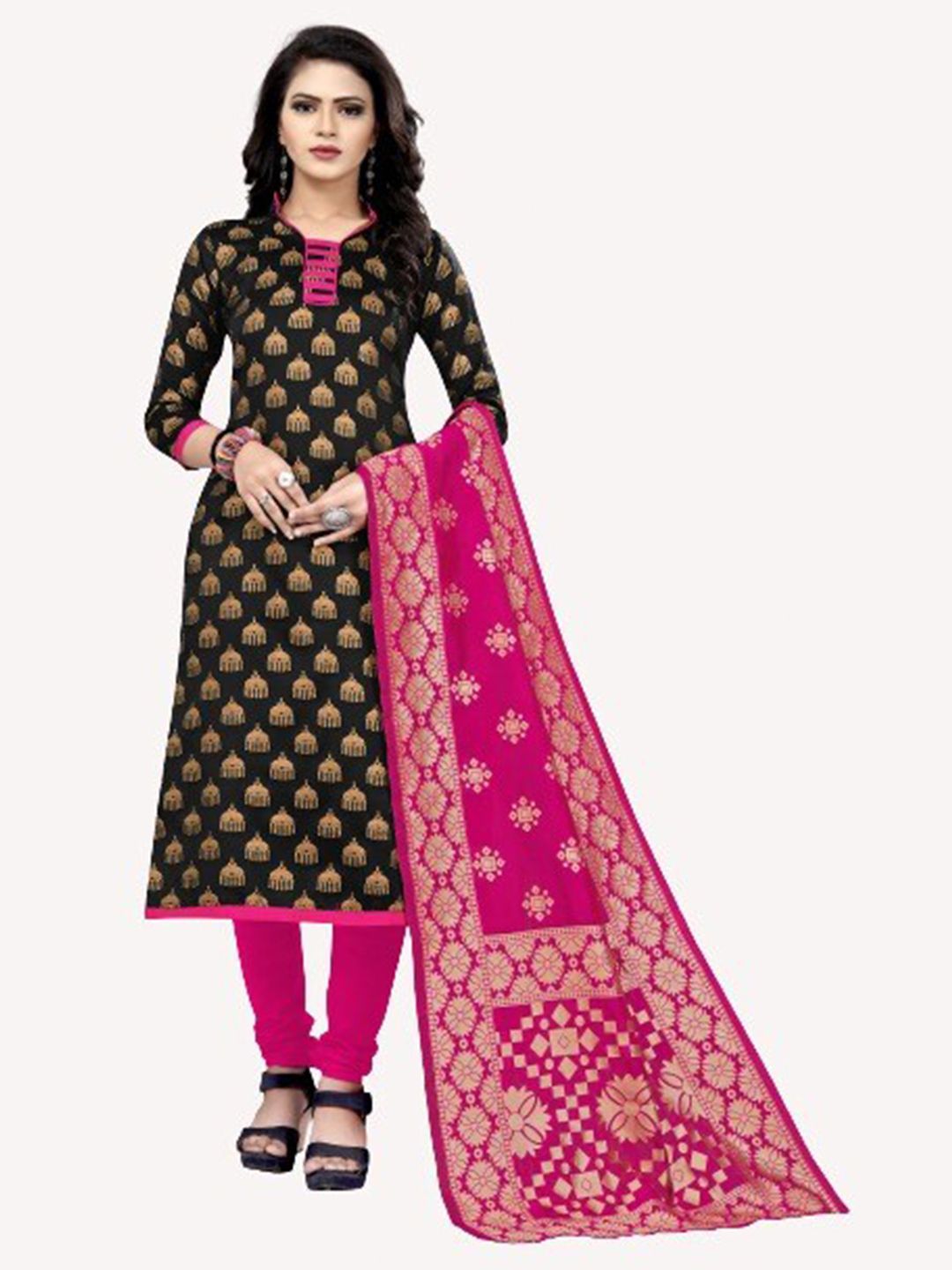 MORLY Black & Pink Woven Design Dupion Silk Unstitched Dress Material Price in India