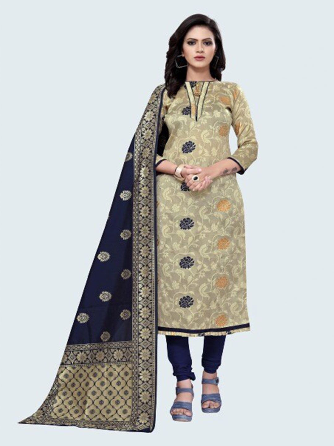 MORLY Beige & Blue Woven Design Dupion Silk Unstitched Dress Material Price in India