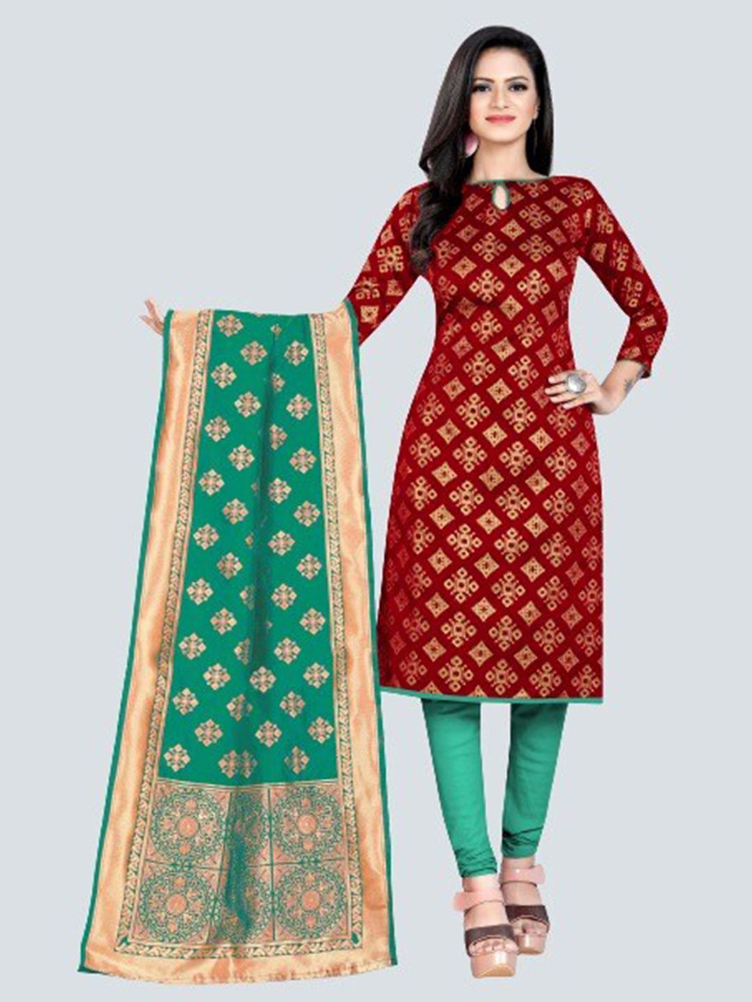 MORLY Maroon & Green Woven Design Dupion Silk Unstitched Dress Material Price in India