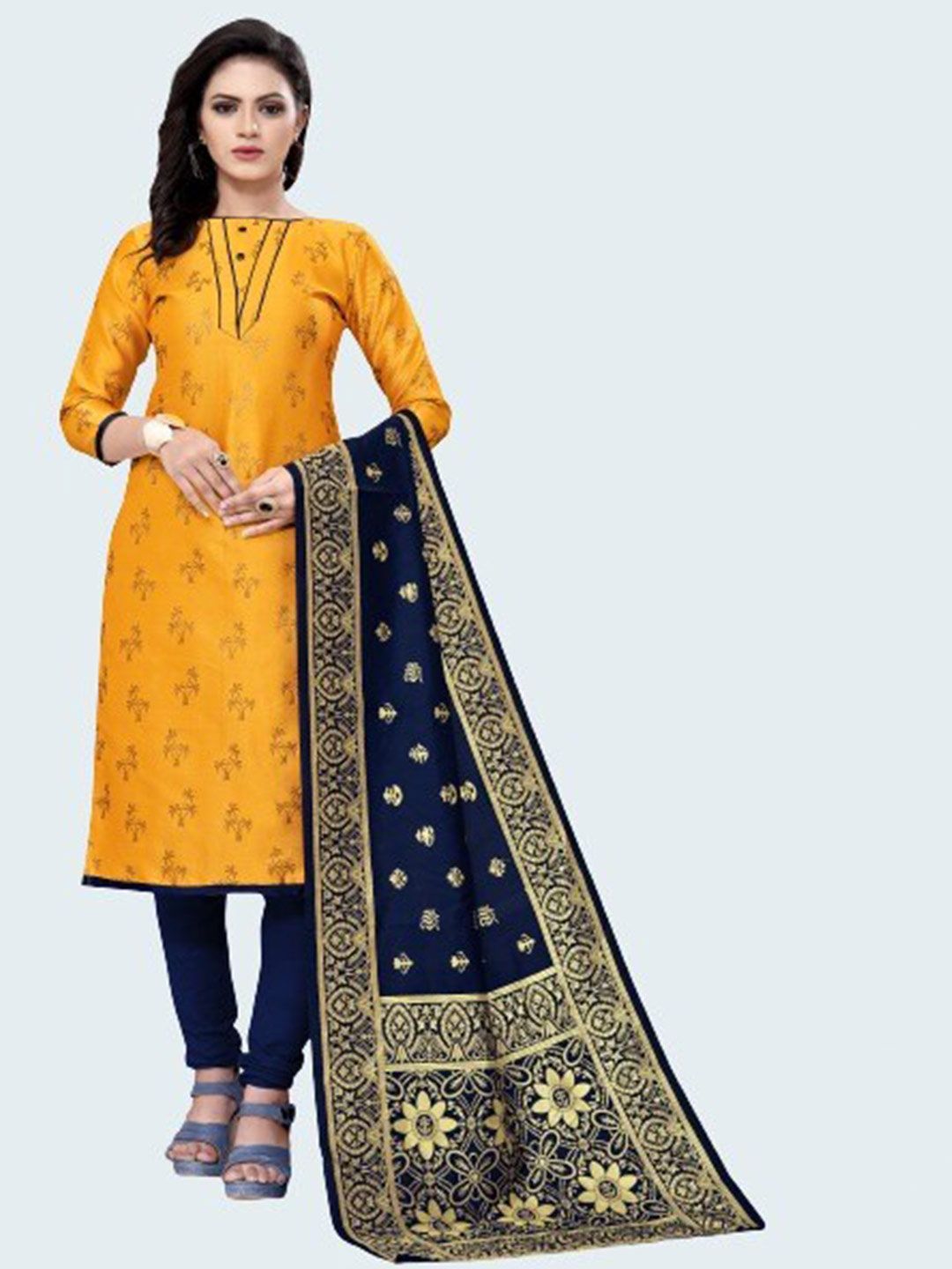 MORLY Yellow & Navy Blue Woven Design Dupion Silk Unstitched Dress Material Price in India