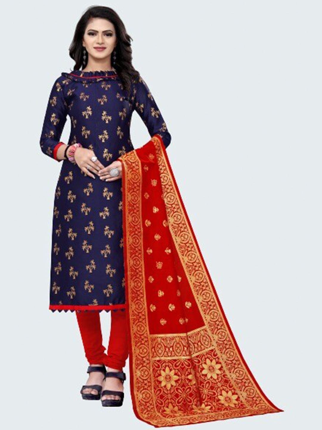 MORLY Blue & Red Woven Design Dupion Silk Unstitched Dress Material Price in India