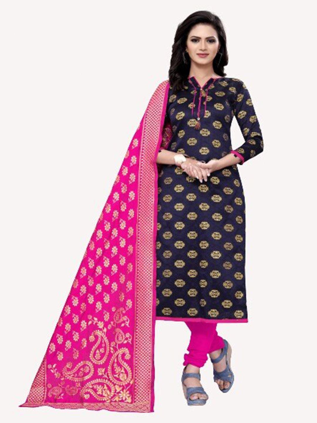 MORLY Blue & Pink Woven Design Dupion Silk Unstitched Dress Material Price in India