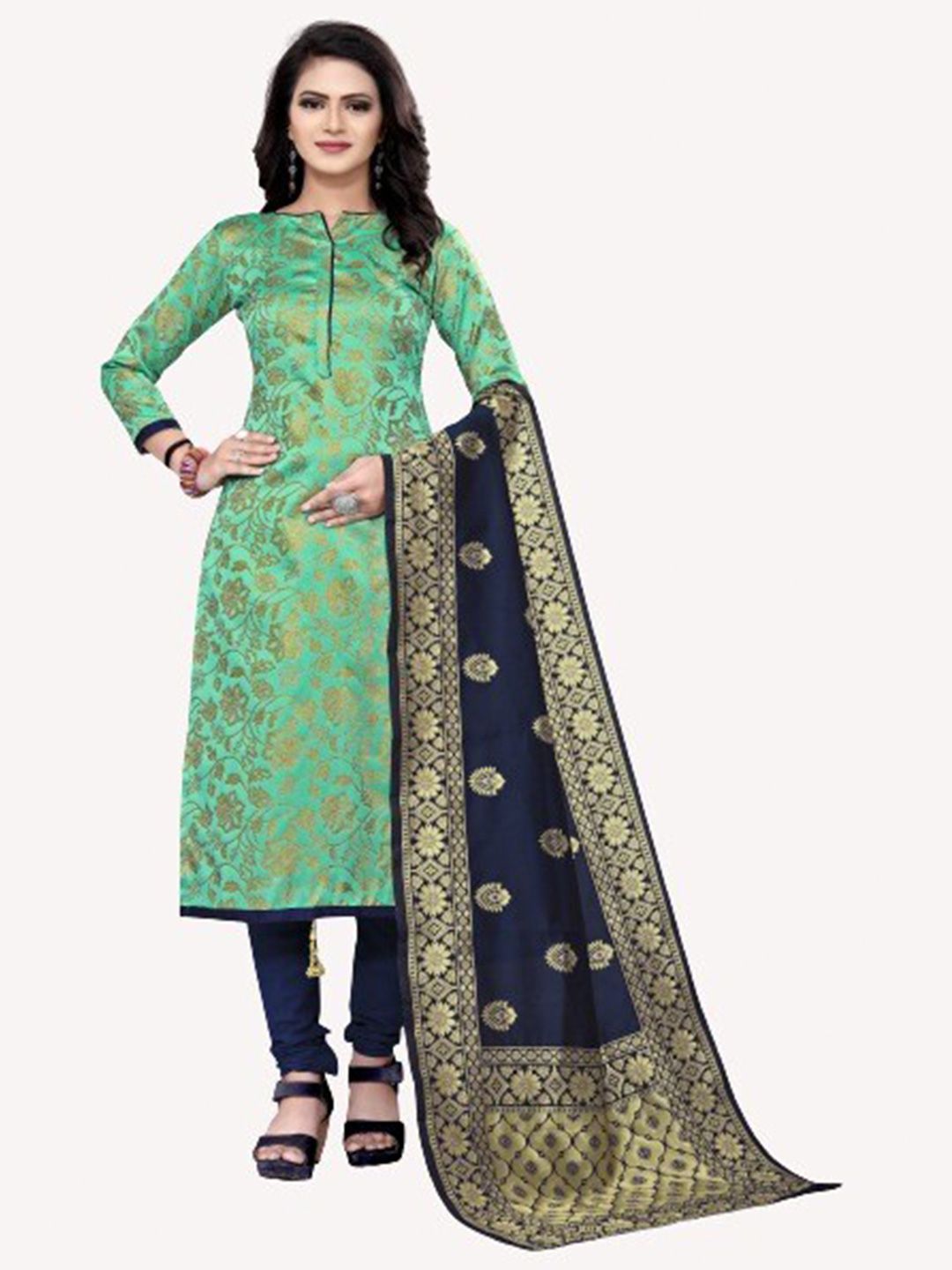 MORLY Sea Green & Navy Blue Woven Design Dupion Silk Unstitched Dress Material Price in India