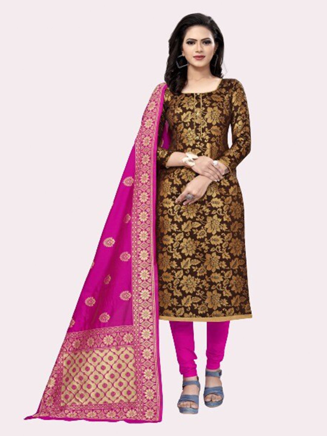 MORLY Brown & Pink Woven Design Dupion Silk Unstitched Dress Material Price in India