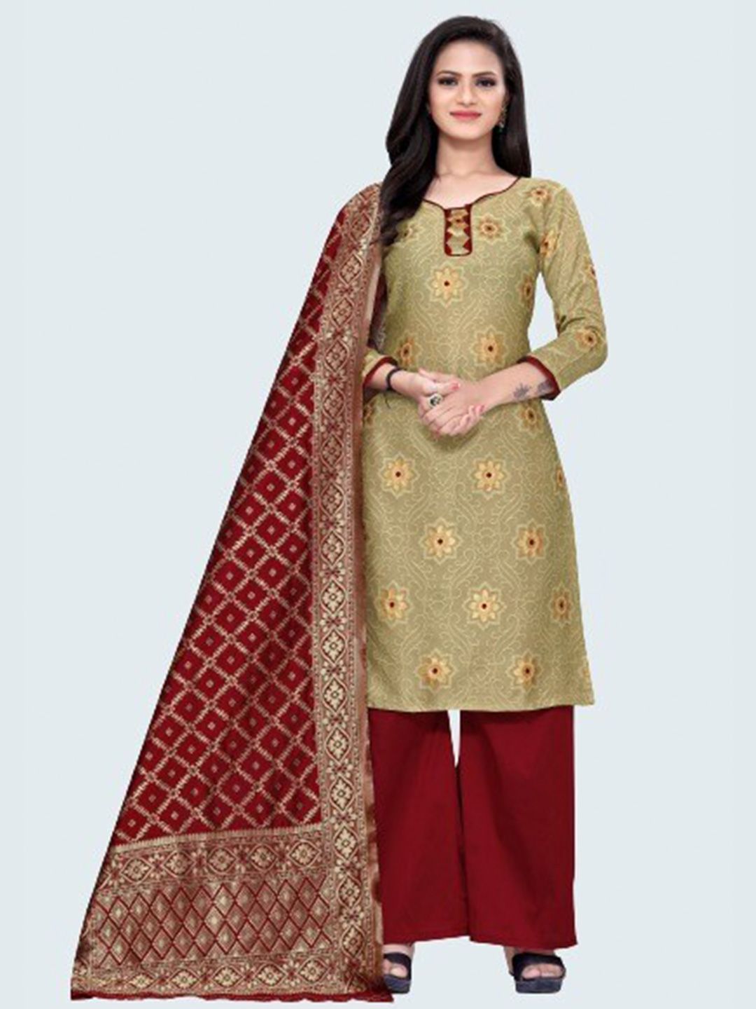 MORLY Beige & Gold-Toned Woven Design Dupion Silk Unstitched Dress Material Price in India