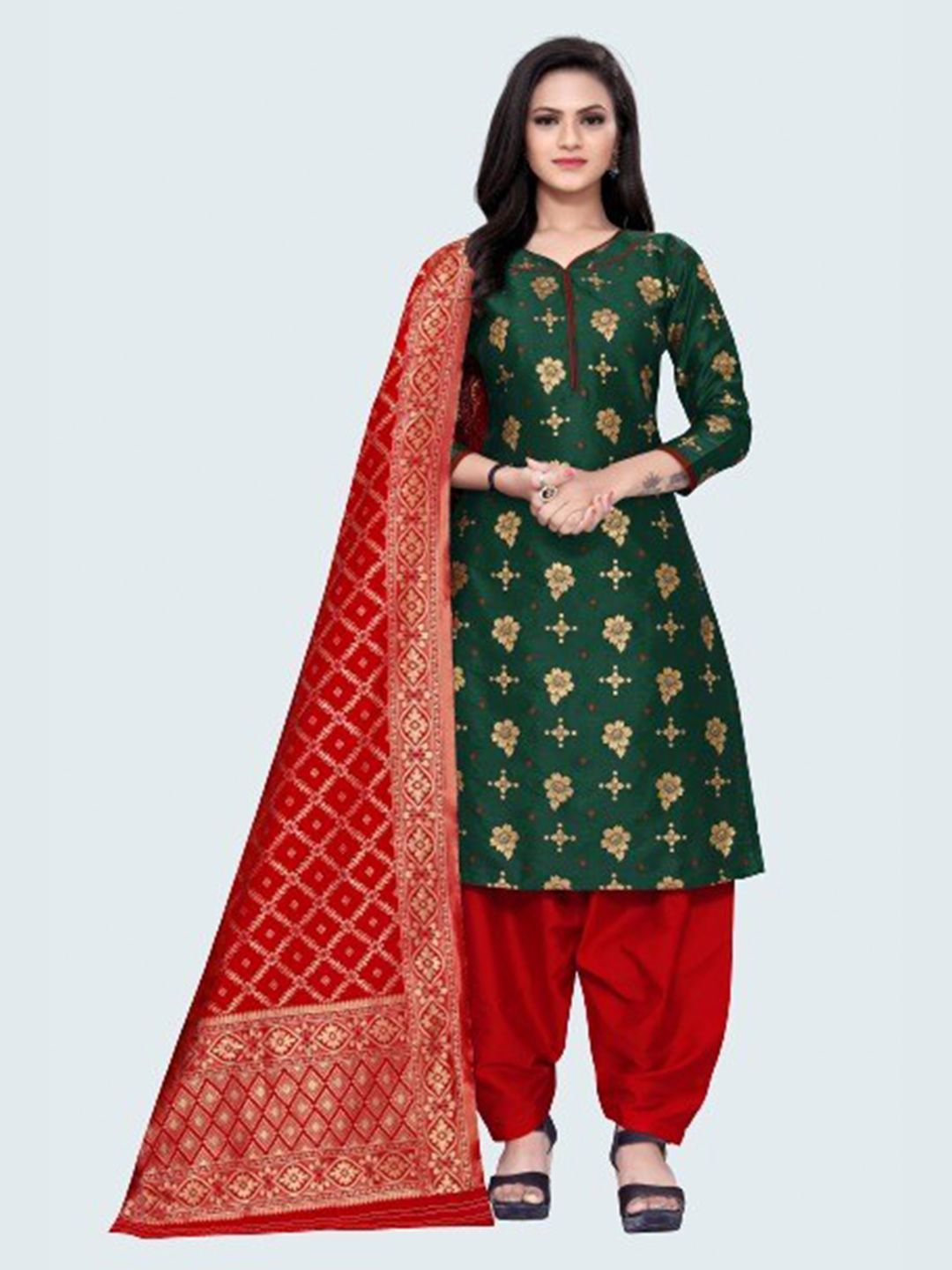 MORLY Green & Orange Woven Design Dupion Silk Unstitched Dress Material Price in India