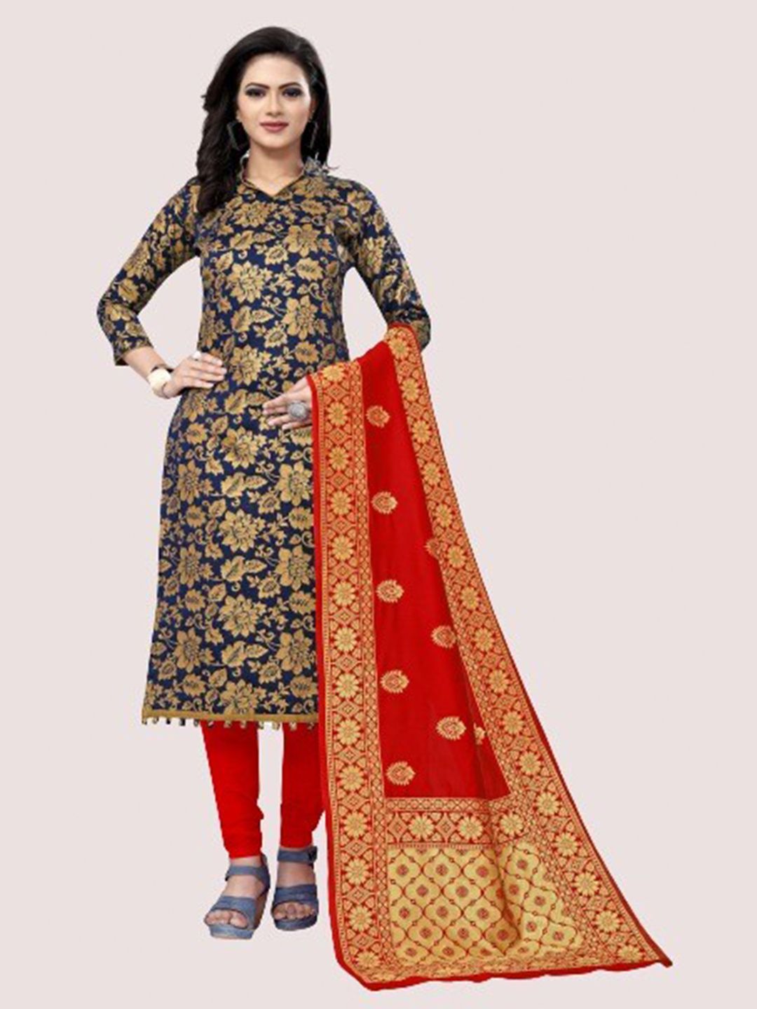 MORLY Navy Blue & Gold-Toned Woven Design Dupion Silk Unstitched Dress Material Price in India