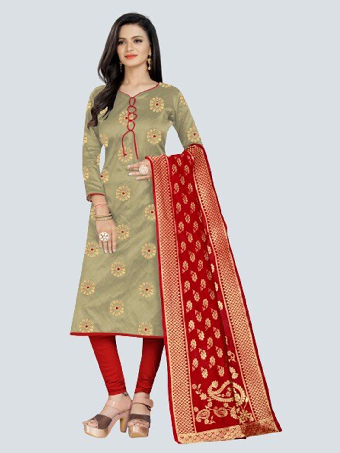 MORLY Beige & Red Woven Design Dupion Silk Unstitched Dress Material Price in India