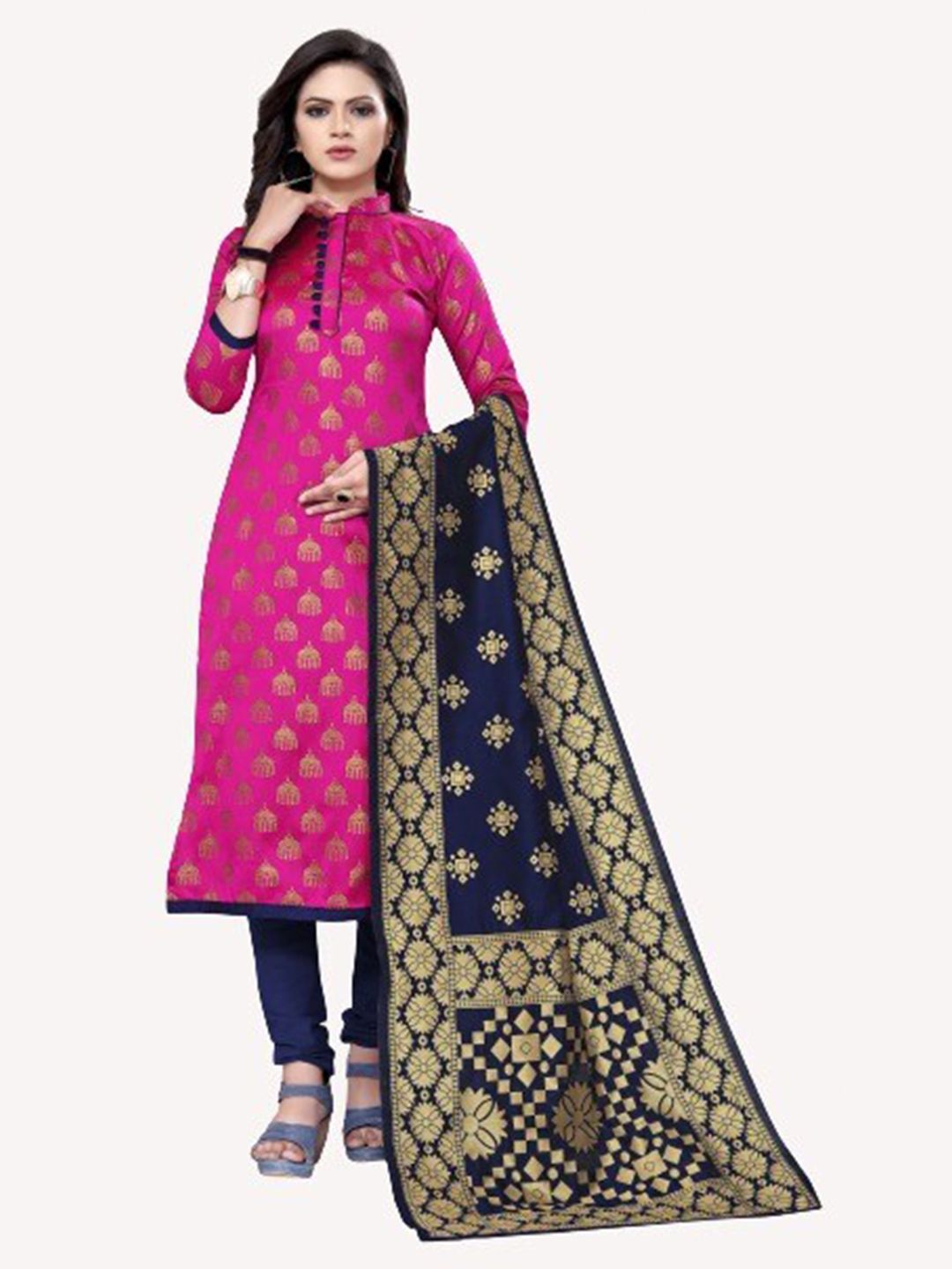 MORLY Pink & Navy Blue Woven Design Dupion Silk Unstitched Dress Material Price in India