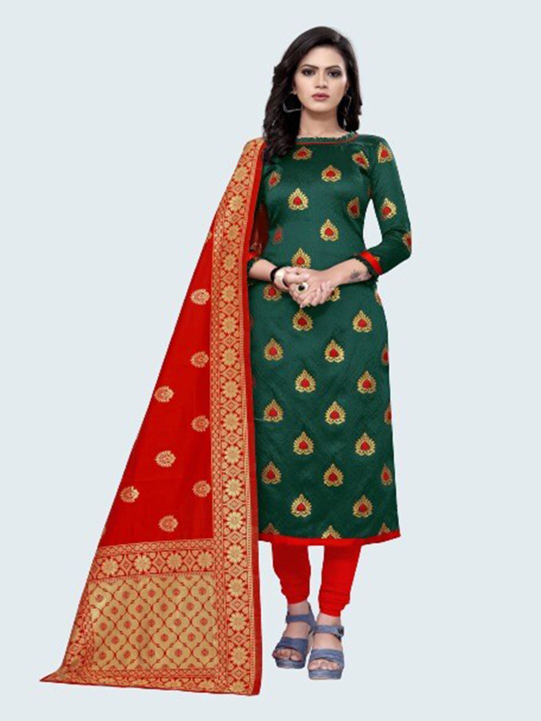 MORLY Green & Red Woven Design Dupion Silk Unstitched Dress Material Price in India