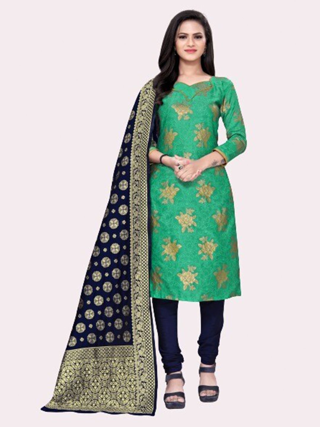 MORLY Green & Navy Blue Woven Design Dupion Silk Unstitched Dress Material Price in India